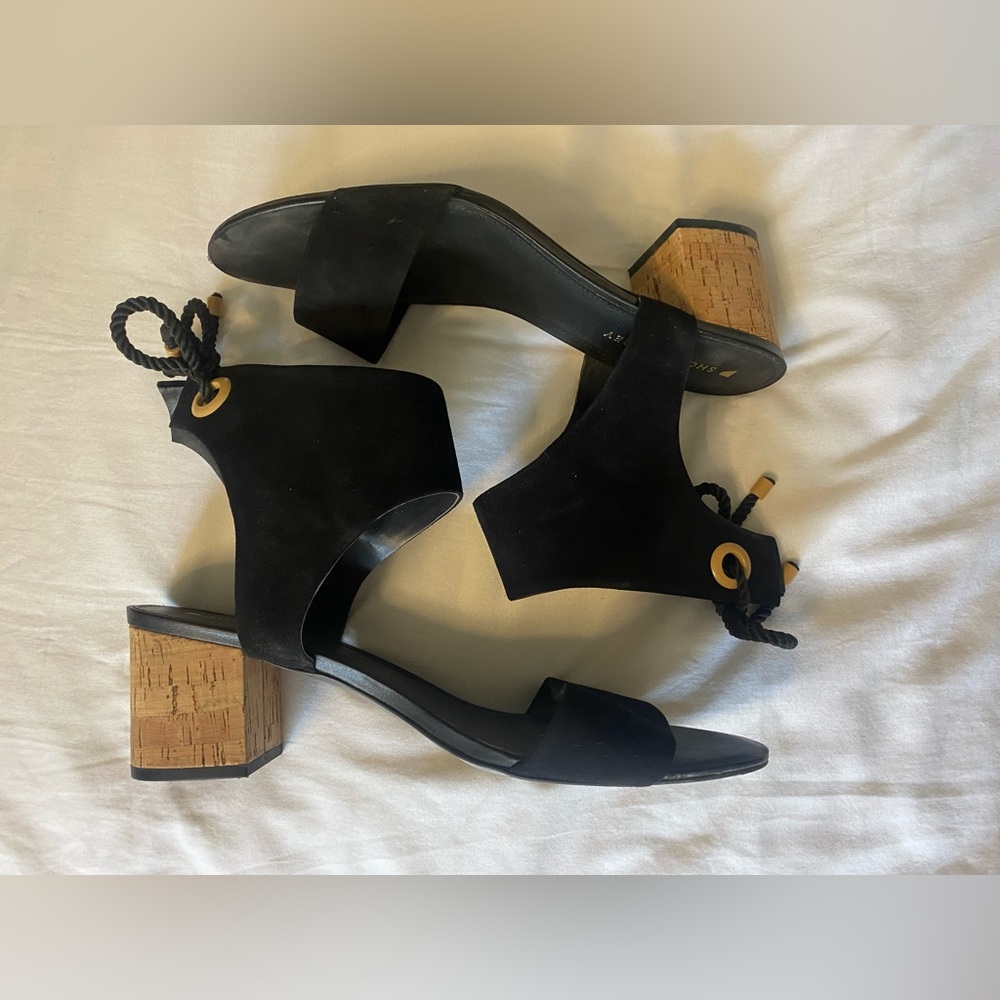 Shoes Of Prey Black Leather Suede Low Block Cork Heel Ankle Ties SZ US 12 Custom